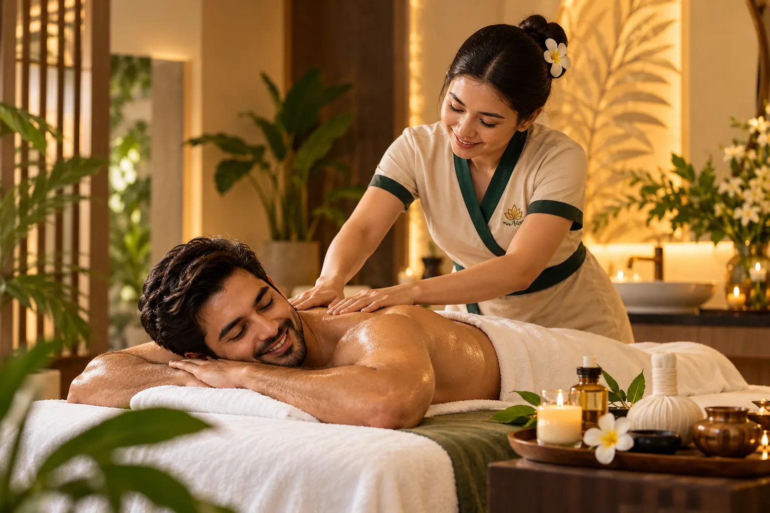 A professional spa therapist providing a relaxing massage in a warm, elegant treatment room